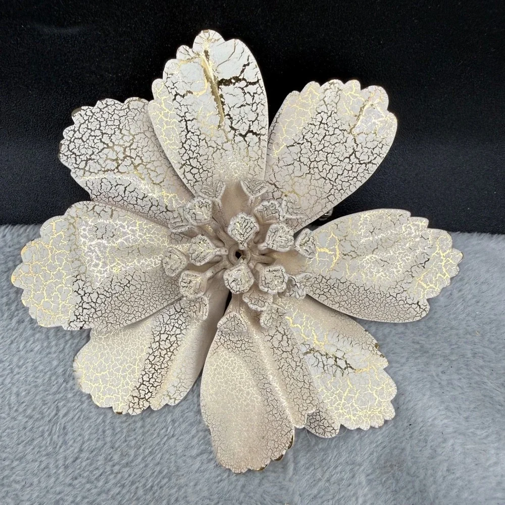 Vintage Enamel Flower Brooch Gold Tone Crackle Spring‎ HUGE Mod MCM